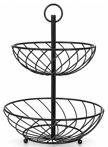 Fructiera cu 2 etaje, suport metalic modern pentru fructe si legume, organizator elegant pentru bucatarie si masa, Ø 27 x 37 cm, negru