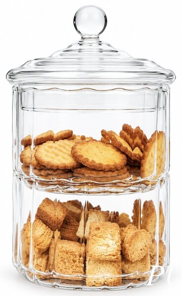 Bomboniera eleganta din sticla transparenta, etajata, cu 2 compartimente si capac – recipient decorativ pentru dulciuri si praline