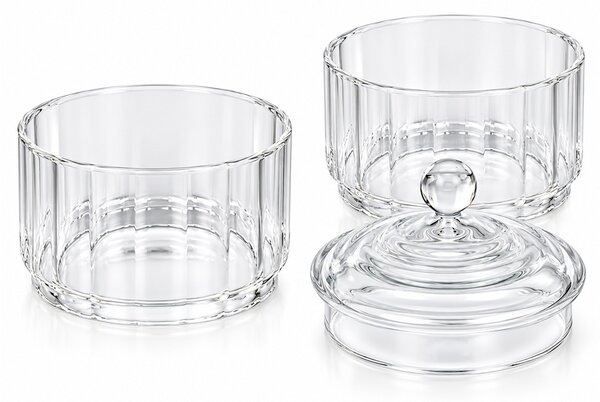 Bomboniera eleganta din sticla transparenta, etajata, cu 2 compartimente si capac – recipient decorativ pentru dulciuri si praline