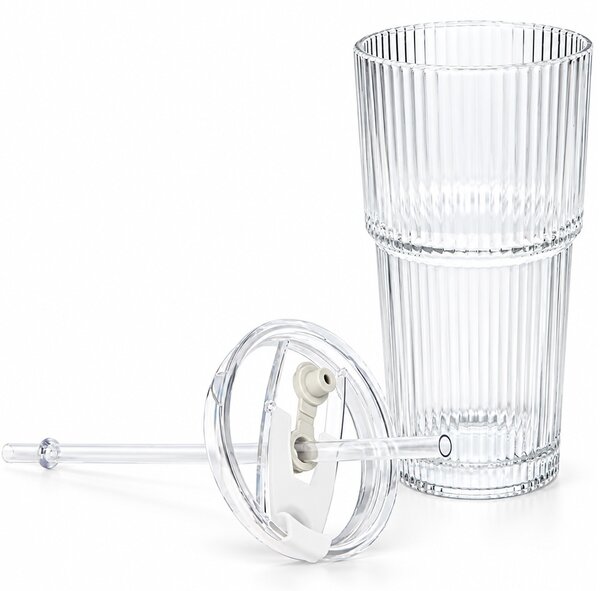 Pahar elegant Pufo din sticla cu capac si pai, ideal pentru smoothie, apa, limonada, cafea rece sau sucuri, 500 ml