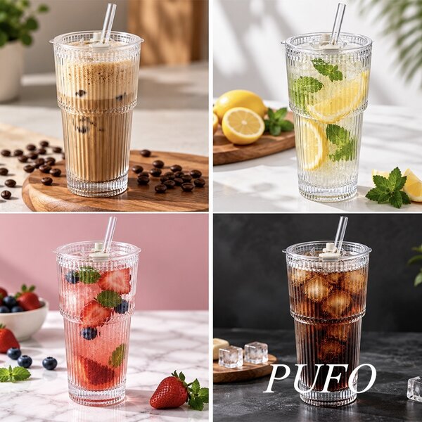 Pahar elegant Pufo din sticla cu capac si pai, ideal pentru smoothie, apa, limonada, cafea rece sau sucuri, 500 ml