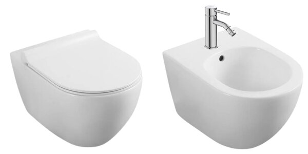 Set vas WC si bideu suspendat, Fluminia Minerva, alb si baterie de bideu Ideal Standard Ceraline