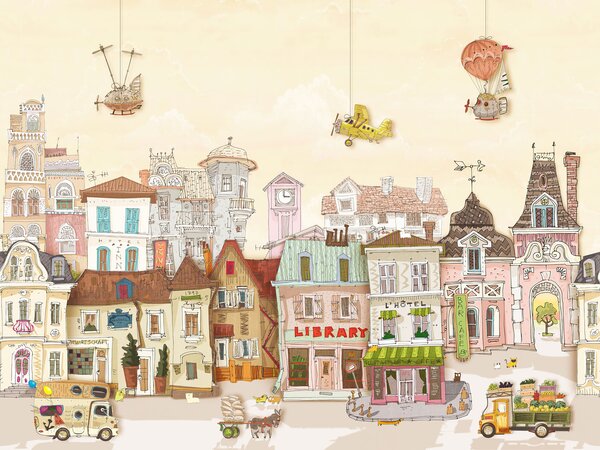 Fototapet Oraș de desene animate cu clădiri și mașini, Fototapet skyline, Fototapet populare, u62113v2 - Tapeko.ro