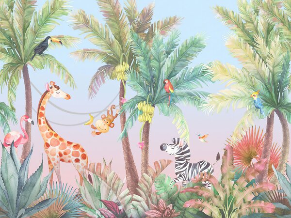 Fototapet Girafe și zebre în junglă, Fototapet pădure, Fototapet populare, u62123v1 - Tapeko.ro
