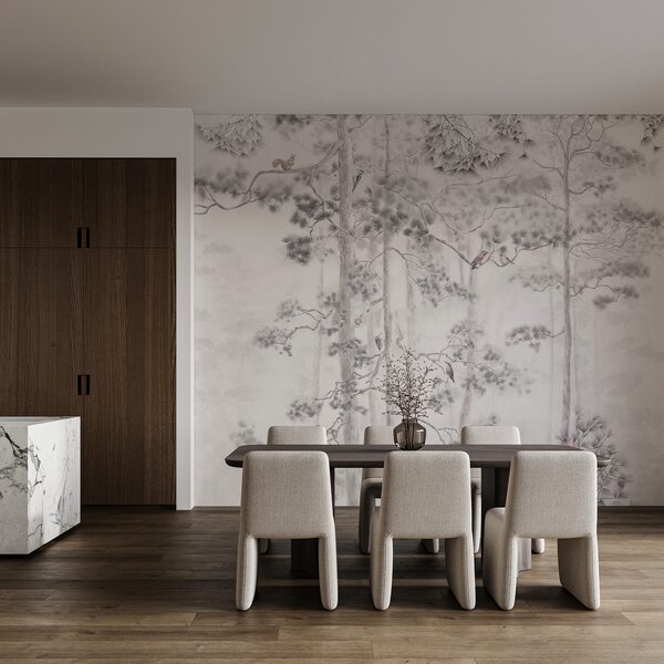 Fototapet Pictură cu copaci și păsări, Fototapet pădure, Fototapet populare, u78449v2 - Tapeko.ro