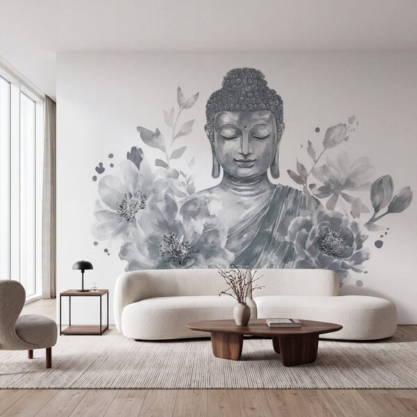 Fototapet Statuia unui Buddha înconjurată de flori, Fototapet abstracte, Fototapet populare, w04005v1 - Tapeko.ro