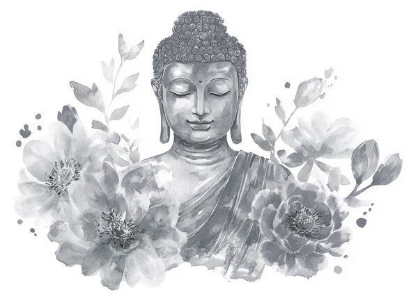 Fototapet Statuia unui Buddha înconjurată de flori, Fototapet abstracte, Fototapet populare, w04005v1 - Tapeko.ro