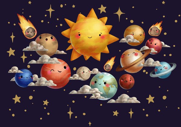 Fototapet Planete și soare desenate în stil de desene animate, Fototapet copii, Fototapet populare, t01011 - Tapeko.ro