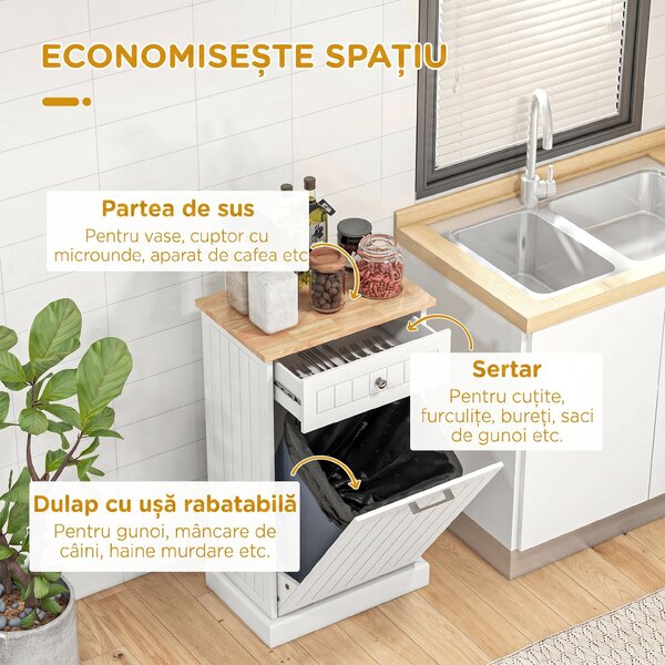 HOMCOM Bufet de Bucătărie, Dulap cu Suport pentru Coș de Gunoi 38L, Sertar, Alb | Aosom Romania