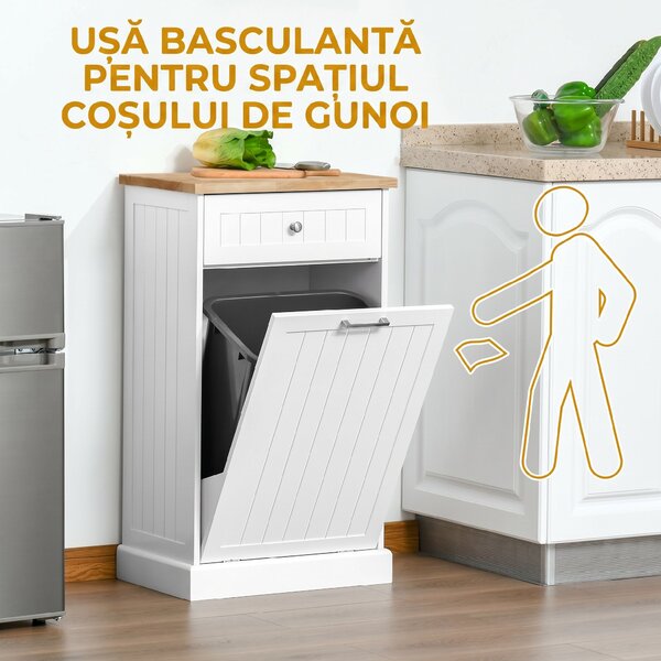 HOMCOM Bufet de Bucătărie, Dulap cu Suport pentru Coș de Gunoi 38L, Sertar, Alb | Aosom Romania