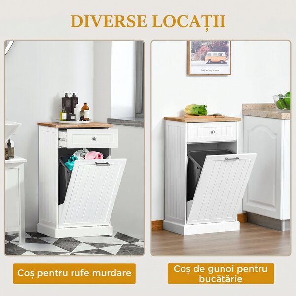 HOMCOM Bufet de Bucătărie, Dulap cu Suport pentru Coș de Gunoi 38L, Sertar, Alb | Aosom Romania