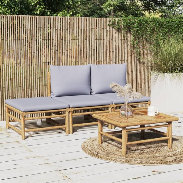 Set mobilier de grădină cu perne gri deschis, 4 piese, bambus