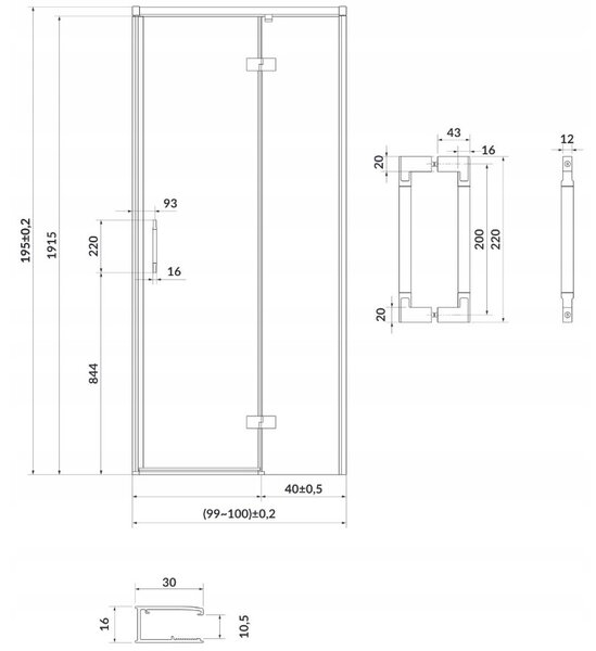 Cersanit Larga, usa cu balamale pentru deschidere 100x195cm, varianta dreapta, sticla transparenta 6mm, profil negru, S932-125