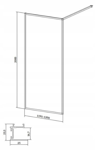 Cersanit Larga, Paravan de dus Walk-In 120x200 cm, sticla transparenta 8 mm, profil negru, S932-140