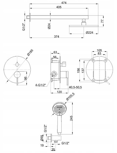Invena Kalitea, set de duș încastrat, baterie cu 2 funcții, negru mat, INV-BS-72-004-V