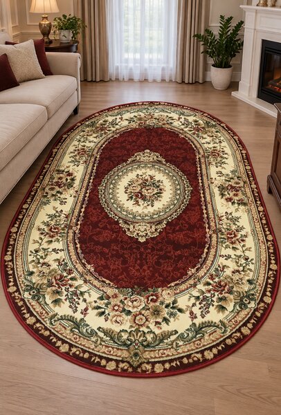 Covor Clasic Sufragerie, Model Lotos 571 210, Oval, Rosu Oval, 80x150