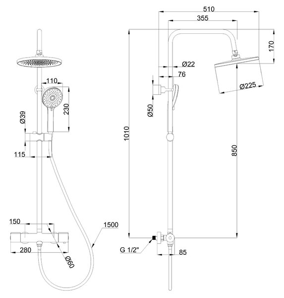 Invena Volos, set de duș cu baterie termostatică, negru mat, INV-AU-37-T04-V