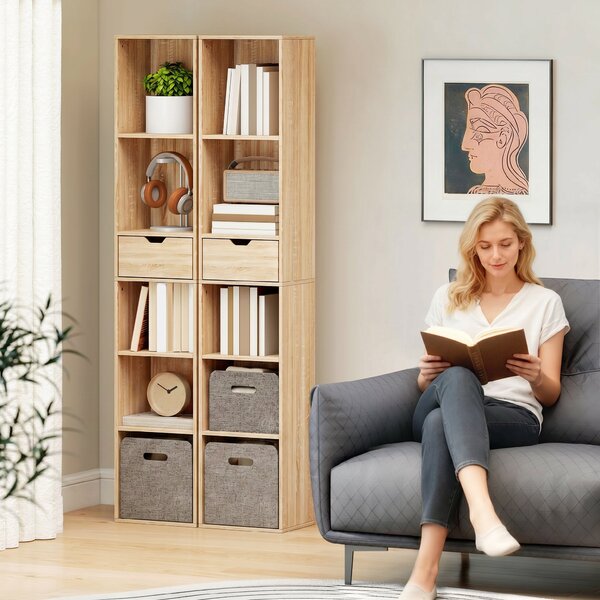 HOMCOM Raft Bibliotecă cu 4 Nivele Deschise, cu Dulap și Sertar, 30x24x158 cm, Lemn Natural | Aosom Romania