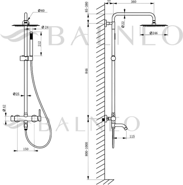 Balneo Cascade set de duș perete cu duș de ploaie grafit H0301070505
