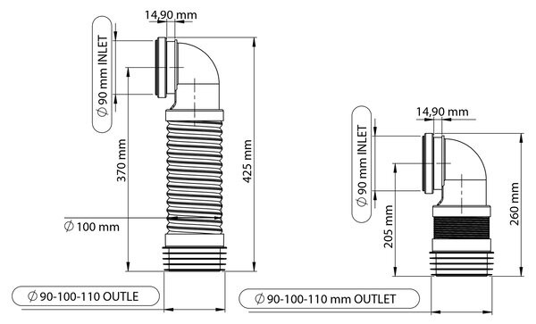 Bruckner Bruckner, Conexiune flexibilă cu cot la 90°, pentru WC montat pe perete, 205-370 mm, 159.320.0