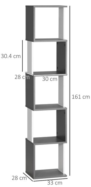 Biblioteca cu 5 rafturi din lemn HOMCOM 33x28x161cm, gri si alb | Aosom Romania