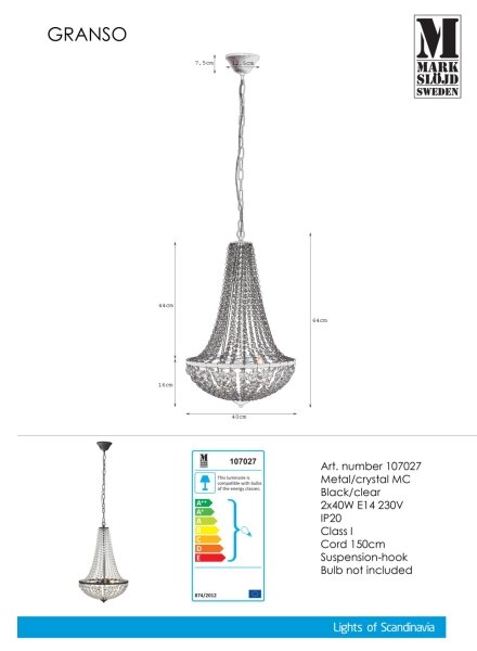 Markslöjd 107027 - Lustră de cristal dimmabilă pe lanț GRÄNSÖ 2xE14/40W/230V