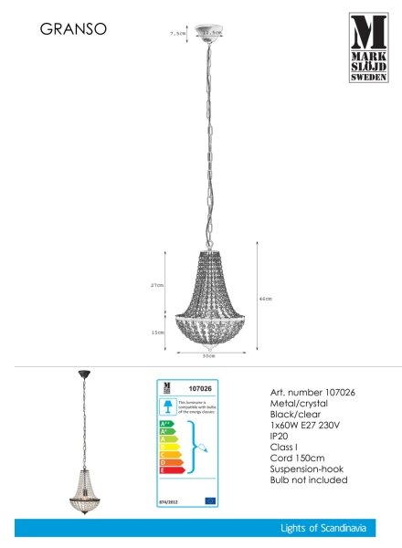 Markslöjd 107026 - Lustră de cristal dimmabilă pe lanț GRÄNSÖ 1xE27/60W/230V