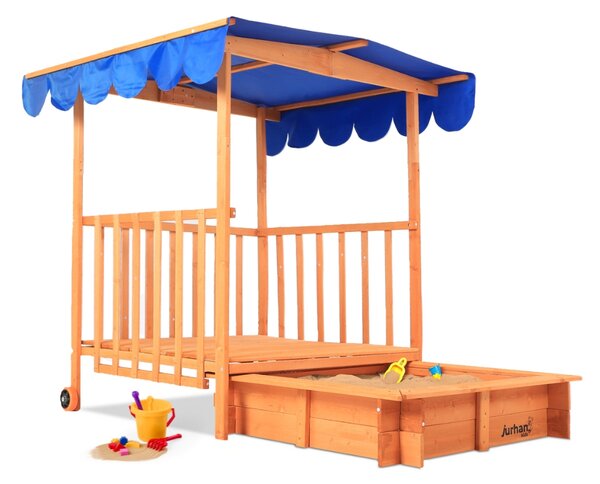 Zonă cu nisip și verandă 130x130x143 cm, din masiv de pin, maro-albastru