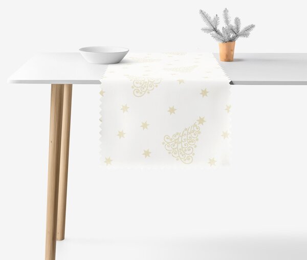 Goldea napron de masă teflonat - model de crăciun - brazi și steluțe aurii pe alb 35x140 cm