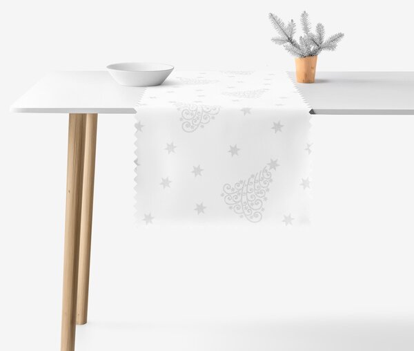 Goldea napron de masă impermeabil - model de crăciun - brazi și steluțe argintii pe alb 35x140 cm