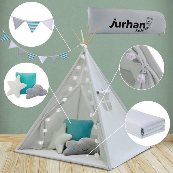 Cort copii Teepee Michael, 160x120x120cm gri-albastru cu accesorii