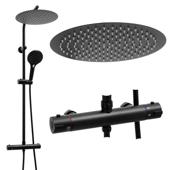 Erga Bergen, set de duș cu baterie termostatică și duș tip ploaie 30 cm, negru mat, ERG-YKA-BP.BERGEN THERM 30 BLK