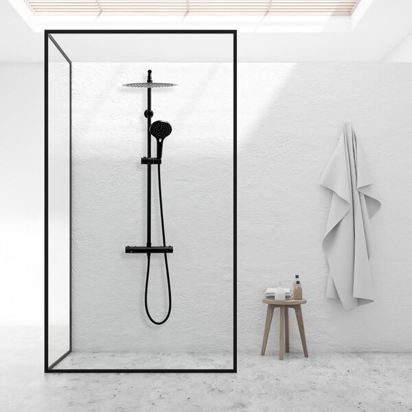 Erga Bergen, set de duș cu baterie termostatică și duș tip ploaie 30 cm, negru mat, ERG-YKA-BP.BERGEN THERM 30 BLK