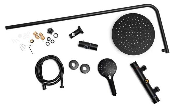 Erga Bergen, set de duș cu baterie termostatică și duș tip ploaie 30 cm, negru mat, ERG-YKA-BP.BERGEN THERM 30 BLK
