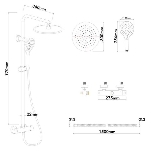 Erga Bergen, set de duș cu baterie termostatică și duș tip ploaie 30 cm, negru mat, ERG-YKA-BP.BERGEN THERM 30 BLK