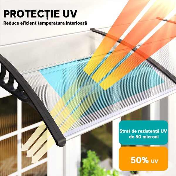 Outsunny Acoperiș din Policarbonat și Aluminiu pentru Balcoane, Ferestre și Uși, Pensilină Exterioară cu Suport din PP, 303x96x27 cm, Transparent