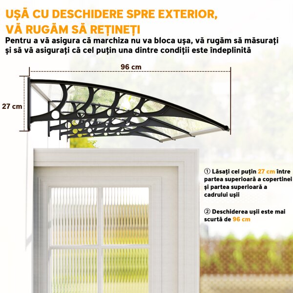 Outsunny Acoperiș din Policarbonat și Aluminiu pentru Balcoane, Ferestre și Uși, Pensilină Exterioară cu Suport din PP, 303x96x27 cm, Transparent