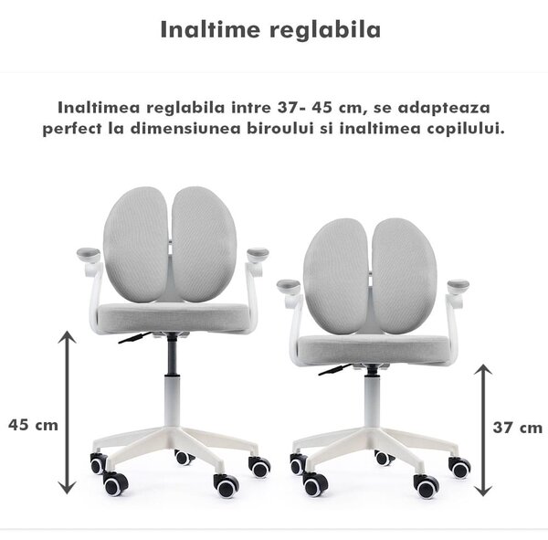 Scaun ergonomic onuvio® reglabil pentru clasele primare - invățarea poziției corecte la birou, suport pentru picioare, manere rabatabile, material rezistent la uzură, murdărie și lichide, cu r