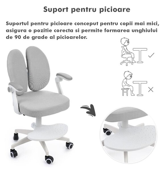 Scaun ergonomic onuvio® reglabil pentru clasele primare - invățarea poziției corecte la birou, suport pentru picioare, manere rabatabile, material rezistent la uzură, murdărie și lichide, cu r