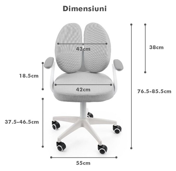 Scaun ergonomic onuvio® reglabil pentru clasele primare - invățarea poziției corecte la birou, suport pentru picioare, manere rabatabile, material rezistent la uzură, murdărie și lichide, cu r