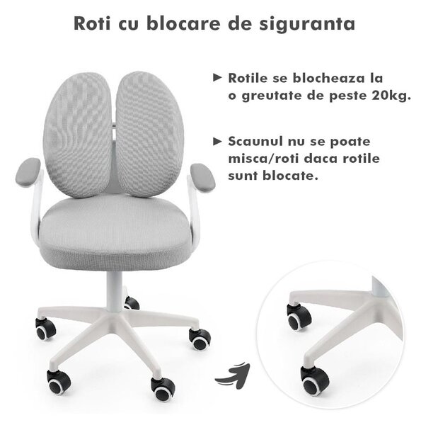 Scaun ergonomic onuvio® reglabil pentru clasele primare - invățarea poziției corecte la birou, suport pentru picioare, manere rabatabile, material rezistent la uzură, murdărie și lichide, cu r