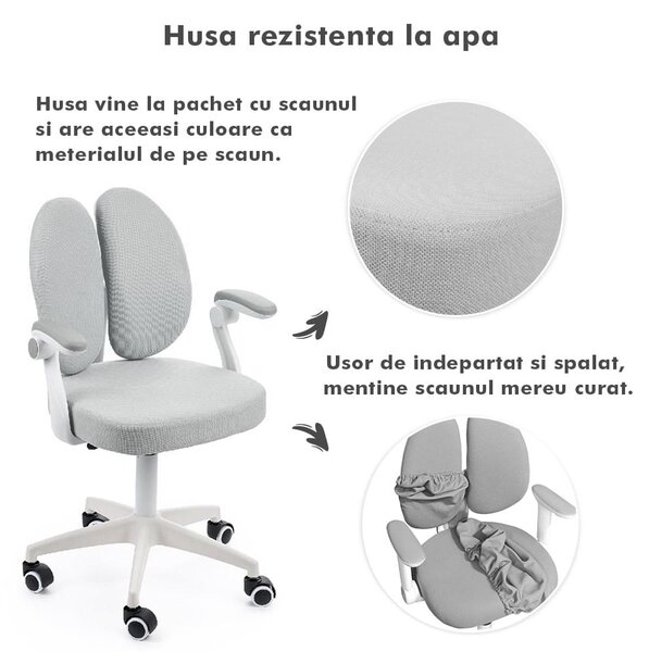 Scaun ergonomic onuvio® reglabil pentru clasele primare - invățarea poziției corecte la birou, suport pentru picioare, manere rabatabile, material rezistent la uzură, murdărie și lichide, cu r
