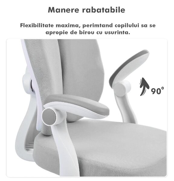 Scaun ergonomic onuvio® reglabil pentru clasele primare - invățarea poziției corecte la birou, suport pentru picioare, manere rabatabile, material rezistent la uzură, murdărie și lichide, cu r