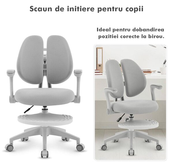 Scaun ergonomic onuvio® reglabil pentru clasele primare - invățarea poziției corecte la birou, suport pentru picioare, manere rabatabile, material rezistent la uzură, murdărie și lichide, cu r