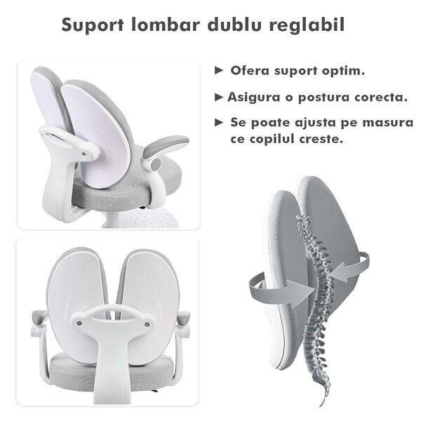 Scaun ergonomic onuvio® reglabil pentru clasele primare - invățarea poziției corecte la birou, suport pentru picioare, manere rabatabile, material rezistent la uzură, murdărie și lichide, cu r