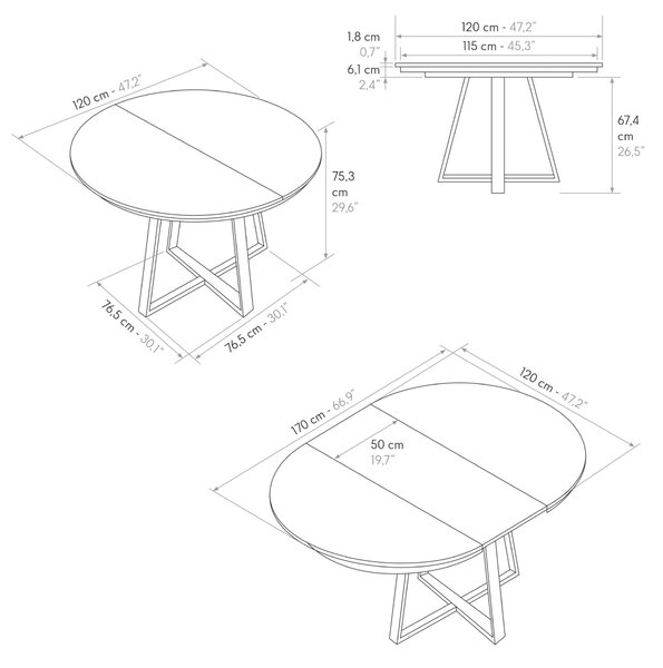 Masa rotunda extensibila Melania, blat Alb Marmorat Ø 120 cm