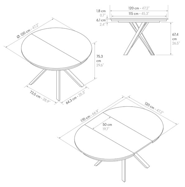 Masa rotunda extensibila Lila, blat Alb Marmorat Ø 120 cm