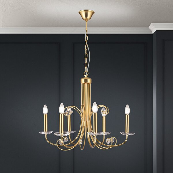 ORION Candelabru Ariane, auriu, Ø 67,5 cm, cristal, 6 becuri., reglabil, Auriu / Alamă, Camera de zi / sufragerie, Metal