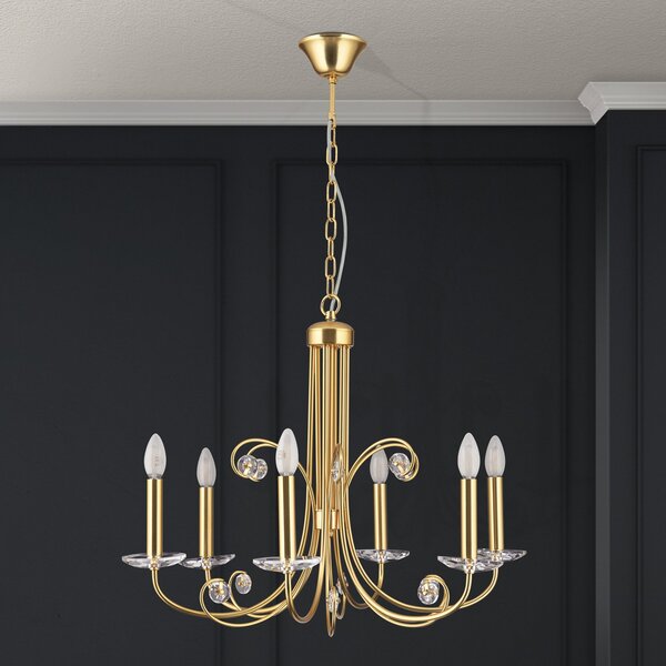 ORION Candelabru Ariane, auriu, Ø 67,5 cm, cristal, 6 becuri., reglabil, Auriu / Alamă, Camera de zi / sufragerie, Metal