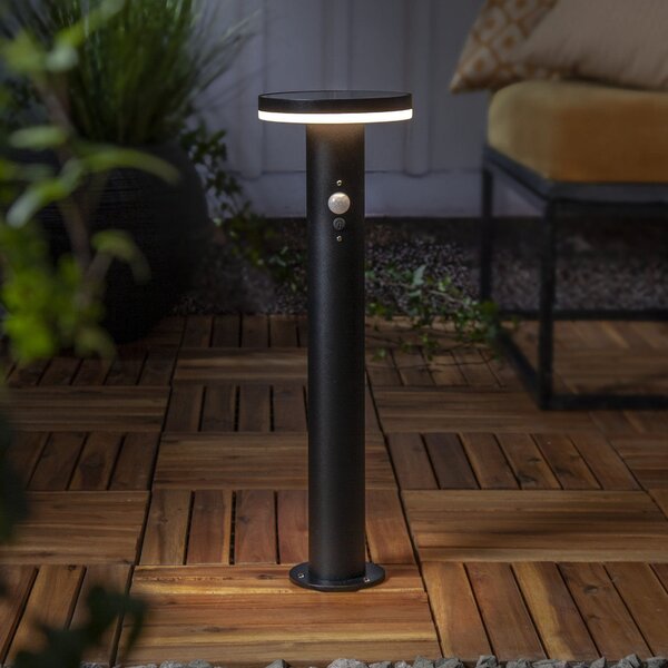 STAR TRADING Lampă cu soclu Solar LED Valletta Sensor metal negru 50 cm, Negru, Oțel inoxidabil, Modern, Lumini solare